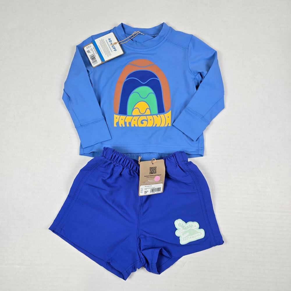 Patagonia Sz 6/12m Baby Capilene Shirt Rainbow Wave & Blue Baggies Short Set